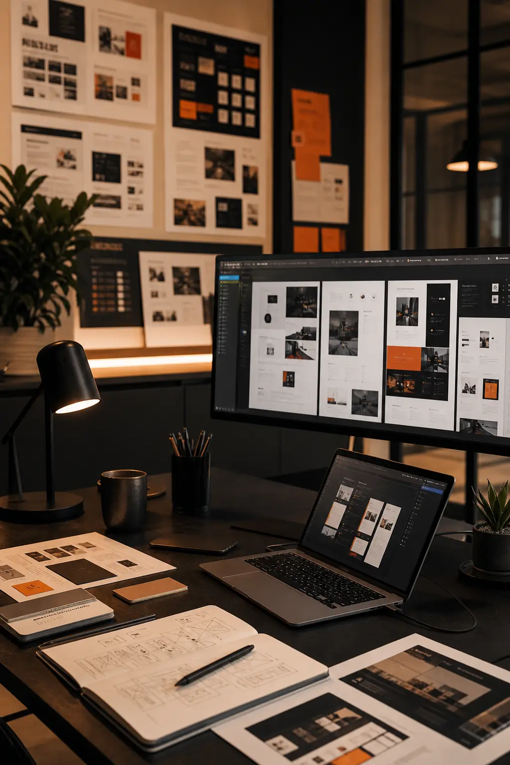 Creative workspace with screens and design planning